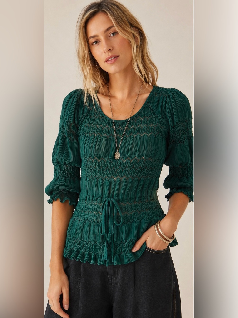 Free People Crochet Emerald Green Lace Puff Sleeve Keyhole Back Top Boho Chic